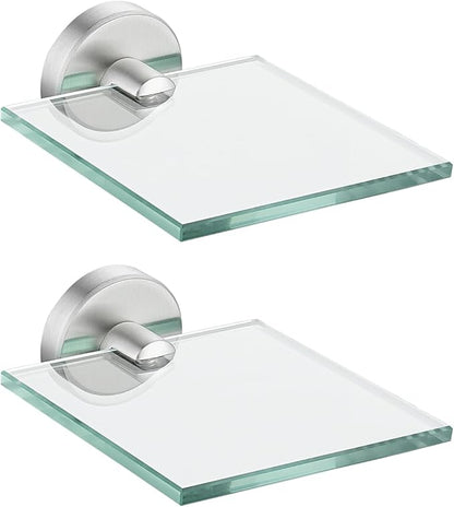 JQK Small Floating Glass Shelves Brushed, 4 Inch Display Ledges for Wall, Mini Decor, Living Room Bedroom Bathroom, Tempered Glass Shower Storage, 2 Pack, TGS101L4-BN-P2