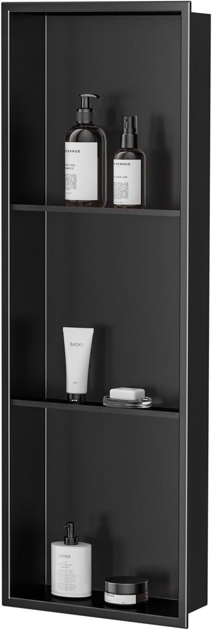 Neodrain 3-Tier 12X36 Inch Recessed Shower Niche Tile Ready, Matte Black Stainless NO Tile Needed Wall Niche for Shower & Bathroom Storage, Waterproof Bath Organizer