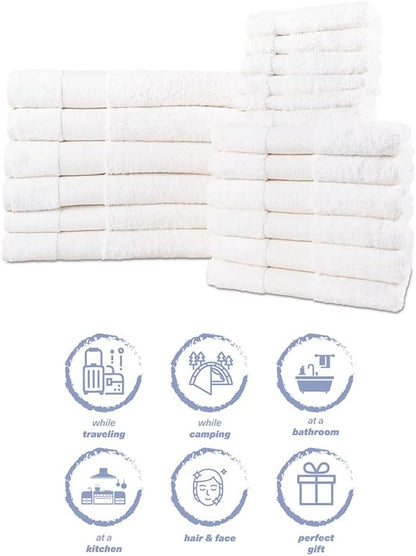Hencely 18-Piece Bath Towel Set - High Absorbency, Quick Drying - 100% Soft Turkish Cotton - 6 Bath Towels, 6 Hand Towels, 6 Washcloths - for Bathroom, Home, Hotel, Spa, and Gym - 18-Pack White