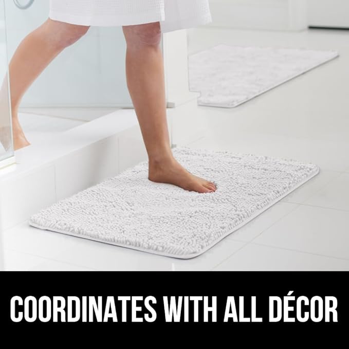 GORILLA GRIP Bath Rug Mat, Thick Soft Absorbent Chenille, Quick Dry Microfiber Mats, Rubber Backing Washable Shower Floor Rugs, Bathmat Runner, US Designed Bathroom Home Decor Accessories 24x17, White