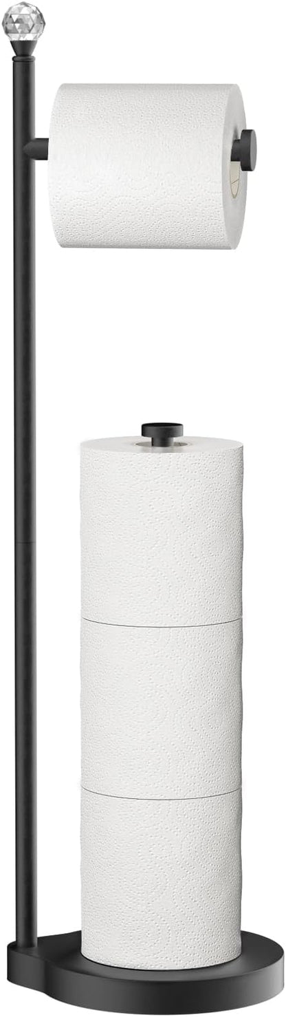 Toilet Paper Holder for Bathroom, Heavy Weighted Metal Free Standing Toilet Paper Storage with Crystal Ball, Toilet Paper Stand for Bathroom Accessories, Matte Black [Holds MEGA Rolls]