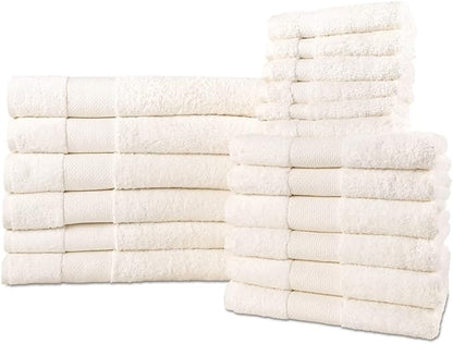 Hencely 18-Piece Bath Towel Set - High Absorbency, Quick Drying - 100% Soft Turkish Cotton - 6 Bath Towels, 6 Hand Towels, 6 Washcloths - for Bathroom, Home, Hotel, Spa, and Gym - 18-Pack Ivory
