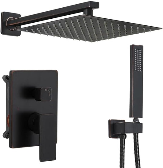 Oil Rubbed Bronze rain Shower Faucet Set Shower System 10 Inches Square Shower Head with Handheld, Waterfall Showerhead, All Metal Shower Faucet Trim Repair Kits (Contain Shower Valve)