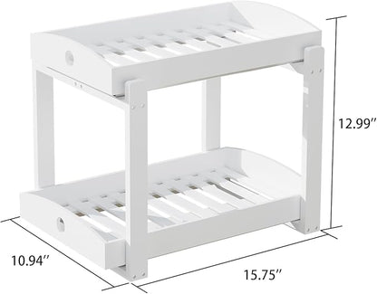 Bamboo Wood Under Sink Organizer 1 Pack, Pull Out Cabinet Organizer 2 Tier Under Sink Organizers and Storage with Sliding Drawer Sturdy Easy Assembly for Kitchen Bathroom Undersink (White, 2 Packs)