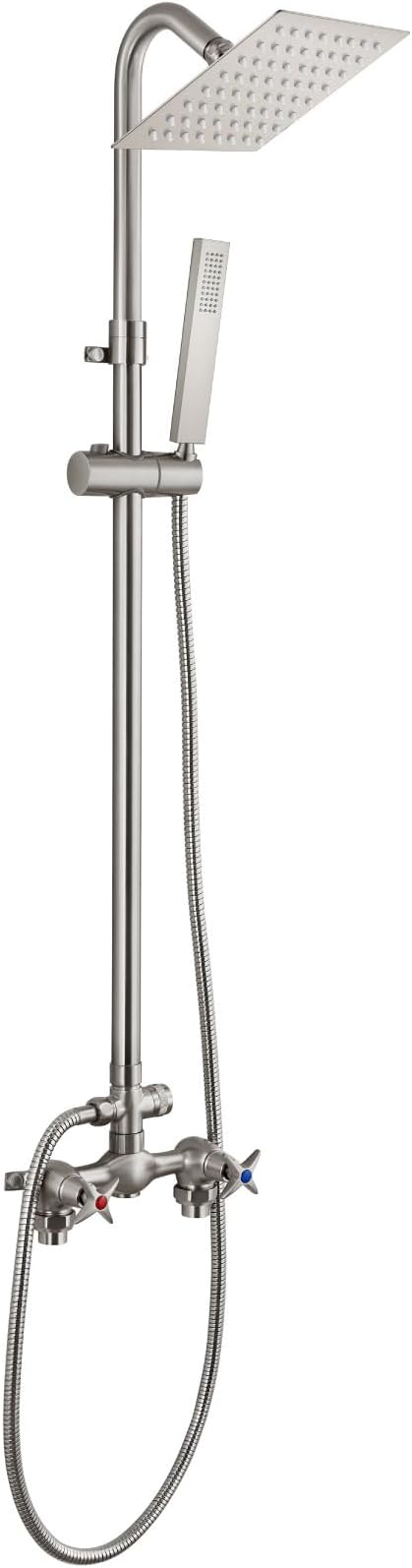 Wall Mounted Outdoor Shower Set Brushed Nickel 6 Inch Square Rainfall Shower Head with Hand Held Spray Double Cross Handles with Adjustable Slide Bar Exterior Dual Function Shower Kit
