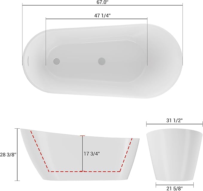67" Acrylic Freestanding Bathtub, Modern Deep Soaking Tub, cUPC Certified Free Standing Tub, Chrome Drain/Overflow, White Acrylic, Allure White