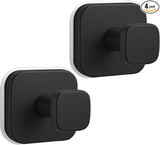 4Pcs Square Suction Cup Hook, 304 Stainless Steel Shower Hook, Removable Suction Cup Knob for Shower, Bathroom, Kitchen, Glass Door, Mirror (Black)