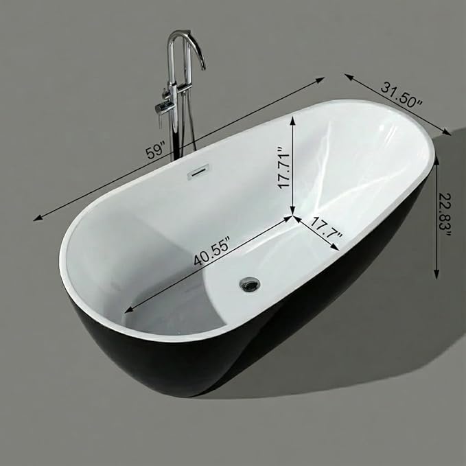 59 Inch Acrylic Freestanding Bathtub, Acrylic Soaking Bathtub with Matte Drain and Overflow, Modern Square Tub, CUPC Certified, Deep Ergonomic Design, Double-Walled Insulation, Easy Installation