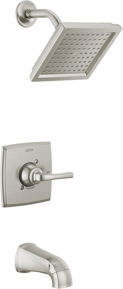 Delta Geist 14 Series Square Bathtub and Shower Faucet Set, Brushed Nickel Shower Head and Handle Set, Valve Trim Kit, SpotShield Brushed Nickel 144864-SP (Valve Included)
