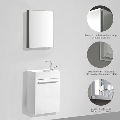 Blossom 16x20 Inch Aluminum Medicine Cabinet with Mirror – Recessed or Surface Wall Mounted Bathroom Storage with Adjustable Glass Shelves, Soft Close Hinges, Rust-Resistant and Modern Mirrored Design