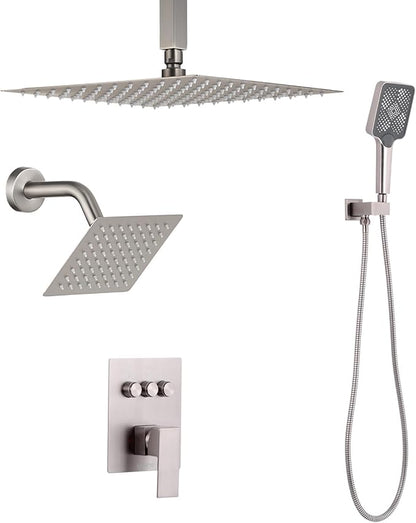 VEVOR Shower Faucet Set, 12 Inch Ceiling Mount Rainfall Shower System with 6 Inch Wall Mount Head and 4 in 1 Handheld Spray, Rotatable 3-Function Dual Rain Head Brass Valve & Trim Kit, Brushed Nickel