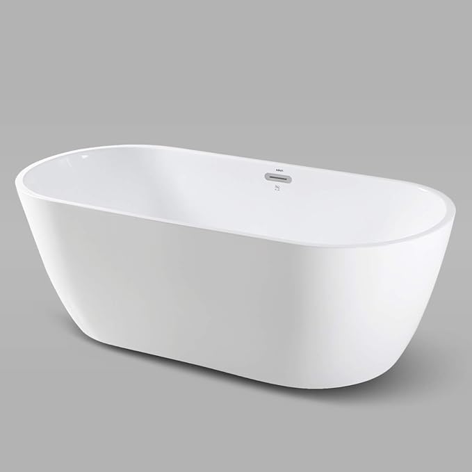 FerdY Bali 67" Acrylic Freestanding Bathtub, Ergonomic Lightweight Classic Oval Soaking Bathtub with Chrome Drain, Classic Slotted Overflow, Modern White