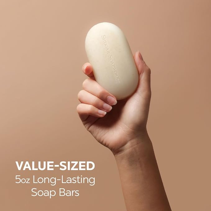 Shugar Soapworks Oatmeal & Coconut 5 oz Beauty Bar Soap 8-Pack | Plant-Based Vegan Formula | Sulfate & Paraben Free | Moisturizing Gentle Cleanser with Finely Ground Oatmeal Flakes