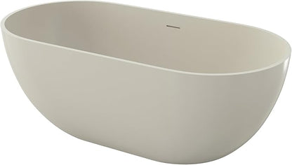 Premium 59" Warm Grey Solid Surface Free Standing Bathtub, Upgraded Oval Resin Stone Tub with Overflow and Pop-up Drain