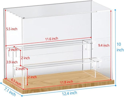 Choowin 3 Tier Clear Acrylic Display Case for Collectibles, Mini Figures, Pop Mart, Labubu, Sonny Angel, Smiski - Assemble Dustproof Acrylic Display Box with Door, Stand (Wood Base, Clear Step)