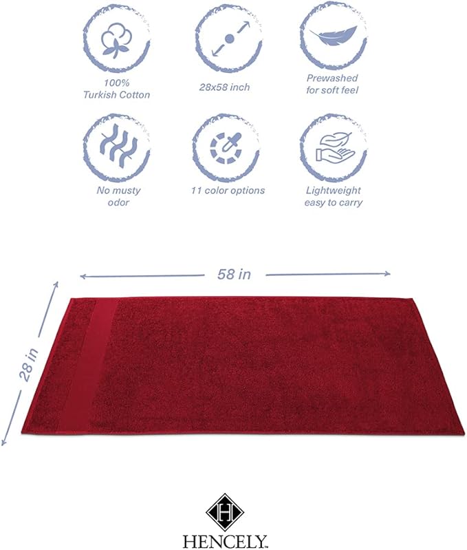Hencely Premium Bath Towel Set of 4-28x58 Inches - High Absorbency, Quick Drying - 100% Soft Turkish Cotton Towels - Ideal for Home, Bathroom, Hotel, Spa, and Gym - Red