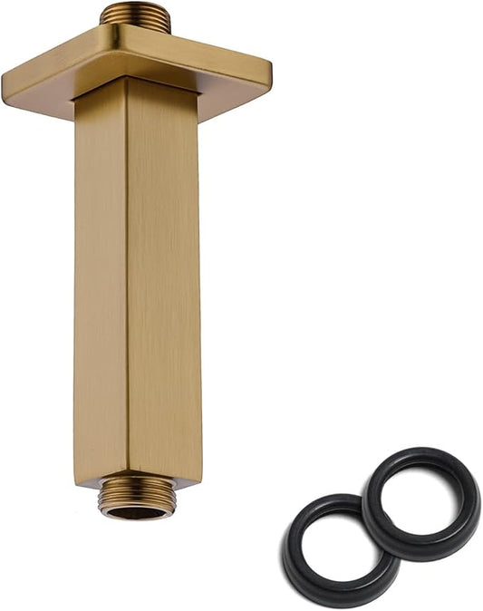 4 Inch Shower Arm with Flange, Ceiling Mounted Square Shower Head Extension Arm, 1/2 NPT Straight Arm for Rain Shower Head, Stainless Steel Shower Head Extension Replacement Pipe Arm, Brusheed Gold