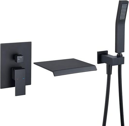 Wall Mount Tub Filler Waterfall Tub Faucet Black Bathtub Faucet Brass Single Handle Bathroom Faucet with Hand Shower