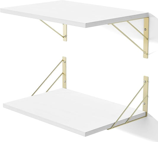 Love-KANKEI Deep Floating Shelves for Wall, 16" W x 12" D Wall Shelves Set of 2, Rustic Large Wood Hanging Shelves for Storage, Bathroom Bedroom Living Room Kitchen White and Gold