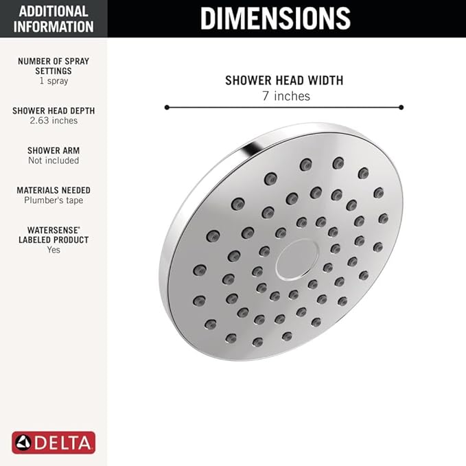 Delta PivotPro Chrome Rain Showerhead, Single Setting 7 Inch Round Shower Head, Showerheads, 1.75 GPM Flow Rate, Chrome 75104
