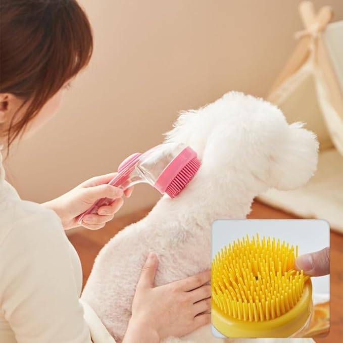 Pet Bath Brush with Silicone Bristles – Grooming Massage Tool with Liquid Dispenser for Wet & Dry Use – Deep Cleaning Portable Brush for Dogs and Cats (Yellow)