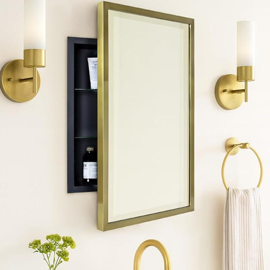 TEHOME Gold Metal Framed Recessed Bathroom Medicine Cabinet with Mirror Rectangle Tilting Beveled Vanity Mirrors for Wall 16 x 24 inches