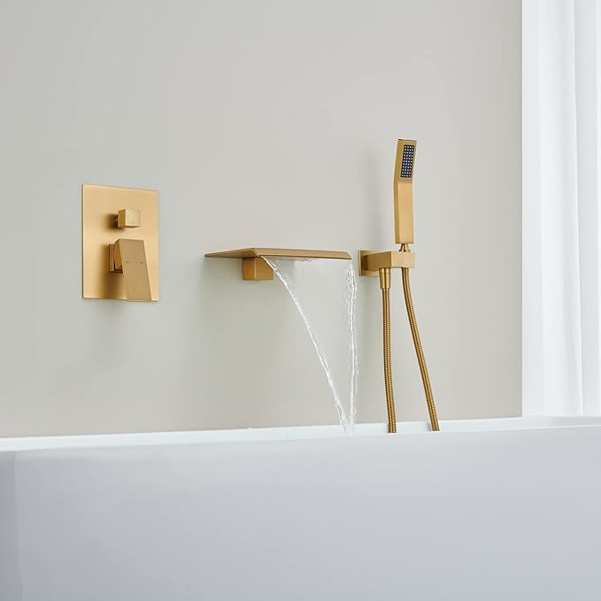 Wall Mount Tub Filler Waterfall Tub Faucet Brushed Gold Bathtub Faucet Brass Single Handle Bathroom Faucet with Hand Shower