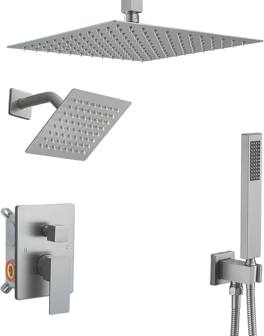 Brushed Nickel Shower System, Knob Switch Diverter Shower Faucet Set with High Pressure Handheld Spray, Ceiling Mount 10 Inch Shower Head with 6 Inch Wall Mount Shower Head