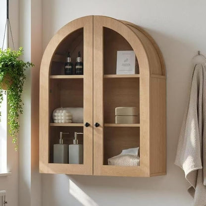 Bathroom Arched Wall Cabinet, 23.5'' Wide Medicine Cabinet, Bathroom Cabinet Wall Mount W/ Glass Doors & Adjustable Shelves, Over The Toilet Storage Cabinet for Laundry Room, Bedroom,Kitchen,Natural