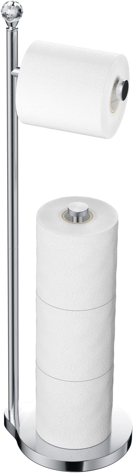 Toilet Paper Holder for Bathroom, Heavy Weighted Metal Free Standing Toilet Paper Storage with Crystal Ball, Toilet Paper Stand for Bathroom Accessories, Polished Chrome [Holds MEGA Rolls]