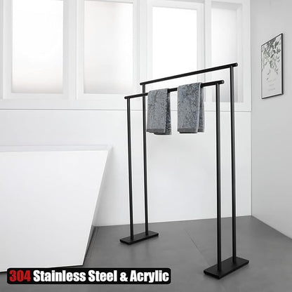 JQK Bath Towel Bar Free Standing Black, 30 Inch Stand Double Towel Rack Holder Shelf for Bathroom Floor, Matte Black, BTH120L30-PB