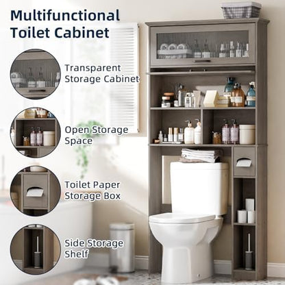 Over The Toilet Storage Cabinet with Transparent Door, Toilet Paper Storage Cabinet with Multi Layer Shelves Suitable for Bathroom, Laundry Room, Freestanding Bathroom Storage Rack,Grey