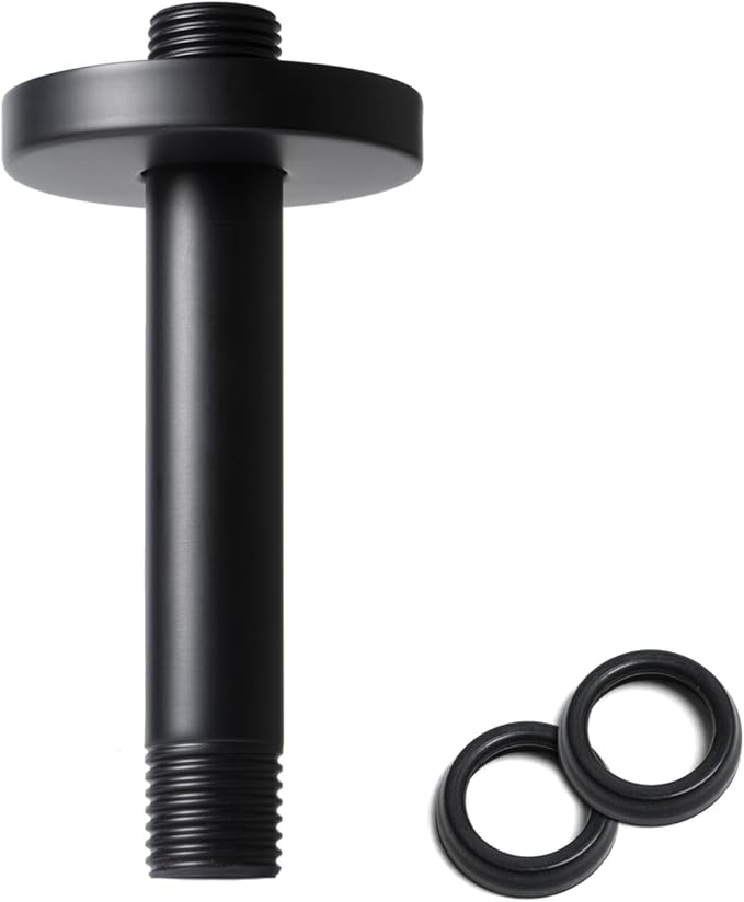 6 Inch Shower Arm with Flange, Ceiling Mounted Shower Head Extension Arm, 1/2 NPT Straight Arm for Rain Shower Head, Stainless Steel Shower Head Extension Replacement Pipe Arm,Black