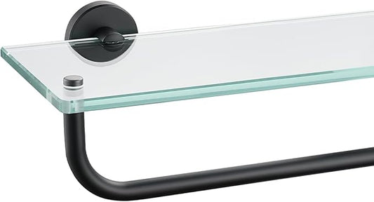 JQK Bathroom Glass Shelf, Shelf with 29 Inch Towel Bar Tempered Glass Shower Storage 30 by 5 inches, 304 Stainless Steel Matte Black Wall Mount, TGS100L30-PB