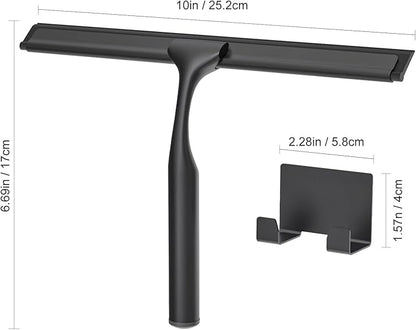 Stainless Steel Shower Squeegee for Glass Doors, Multi-Purpose Squeegee for Shower Glass, Bathroom and Car Windows, Squeegee with Adhesive Hook-10”, Black