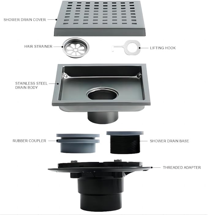 6 Inch Square Shower Drain, SUS 304 Stainless Steel Shower Drain with Flange, Removable Grid Cover Hair Strainer, High Flow Shower Floor Drain, Gun Grey