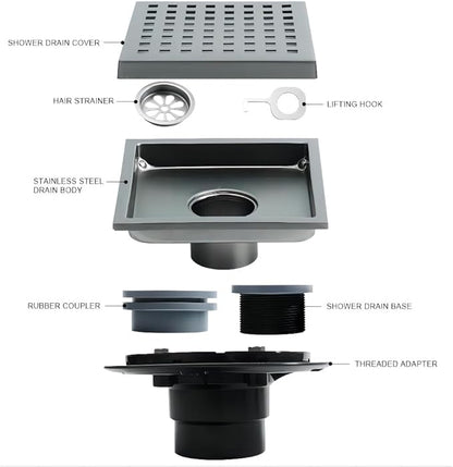 6 Inch Square Shower Drain, SUS 304 Stainless Steel Shower Drain with Flange, Removable Grid Cover Hair Strainer, High Flow Shower Floor Drain, Gun Grey