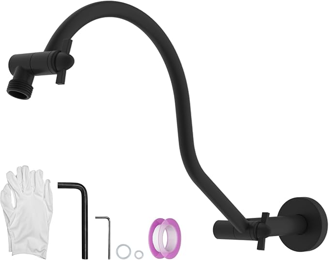 Hibbent All Metal Upgraded 18'' Shower Head Extension Arm, Shower Arm with Flange, Solid Brass Flexible Height & Angle Adjustable Shower Extender with Lock Joint, Universal Connection, Matte Black