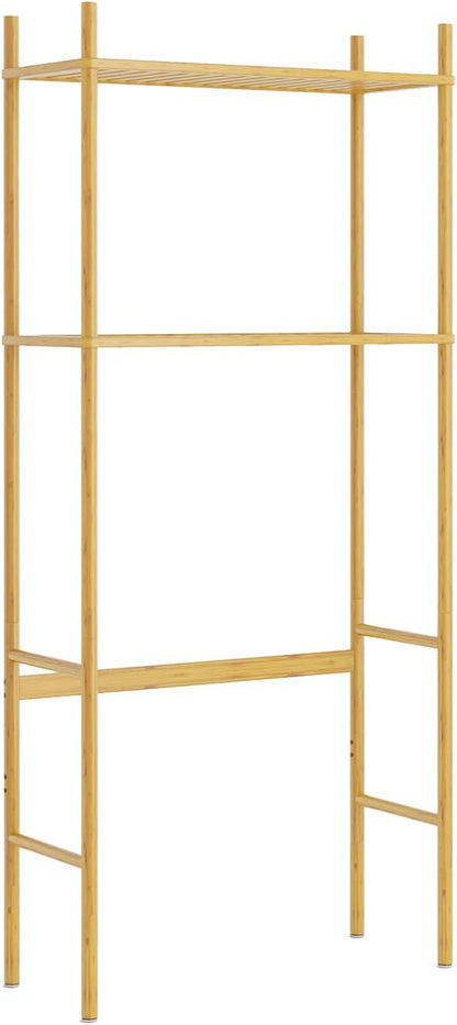 2 Tier Over The Toilet Organizer Rack Bamboo, Freestanding Bathroom Toilet Storage Shelf, Space Saving and Easy to Install, Adjustable Feet, Adjustable Bottom Rod
