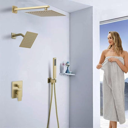 Shower Faucet Set Brushed Gold Shower System, Knob Switch Diverter Shower Faucet with High Pressure Handheld Spray, Wall Mount 10 Inch Shower Head with 6 Inch Wall Mount Shower Head