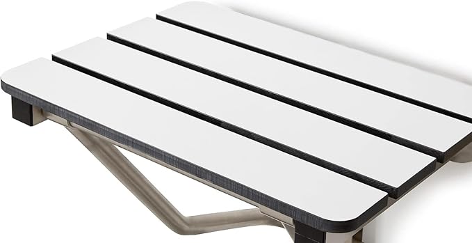 32" x 15" Phenolic White 3” Slats Folding Wall Mount Shower Seat Bench, ADA Compliant