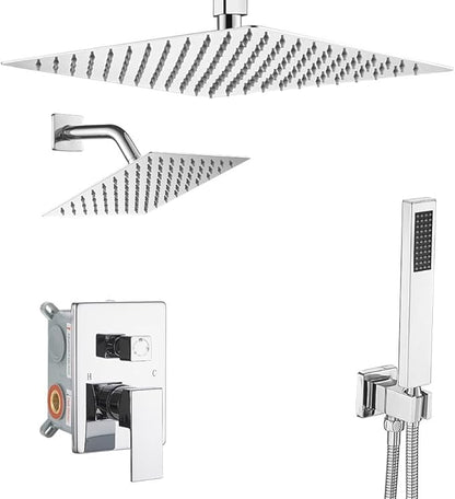 Shower Faucet Set Polished Chrome Shower System, Knob Switch Diverter Shower Faucet with High Pressure Handheld Spray, Ceiling Mount 10 Inch Shower Head with 6 Inch Wall Mount Shower Head
