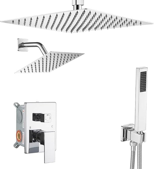 Shower Faucet Set Polished Chrome Shower System, Knob Switch Diverter Shower Faucet with High Pressure Handheld Spray, Ceiling Mount 10 Inch Shower Head with 6 Inch Wall Mount Shower Head