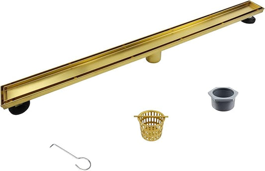 Linear Shower Drain 36", Brushed Gold Floor Drain with Tiled Insert Grate & Hair Strainer, 304 Stainless Steel Bathroom 2-in-1 Tiled in Drain, CUPC Certified (Brushed Gold, 36'')