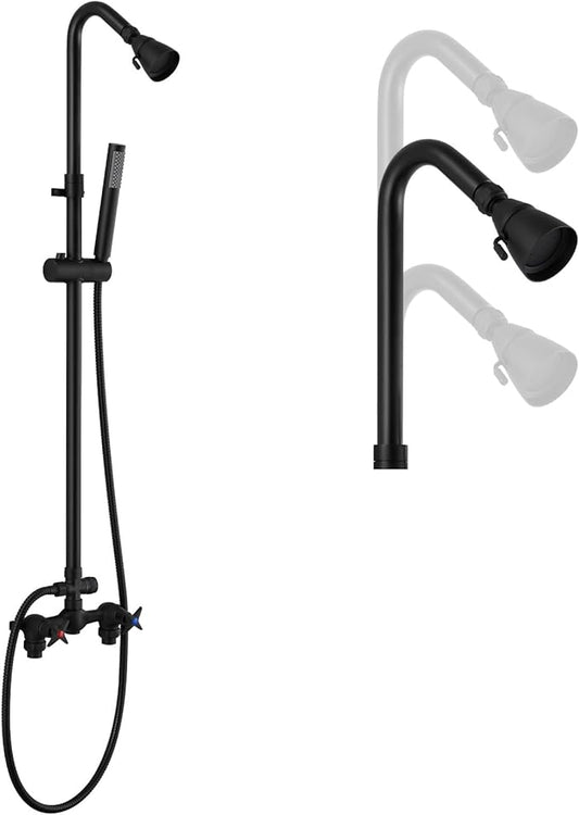 Matte Black Wall Mount Outdoor Shower Kit with Hand Held Spray Two Cross Handles with Adjustable Slide Bar Two Function Exposed Shower Faucet System