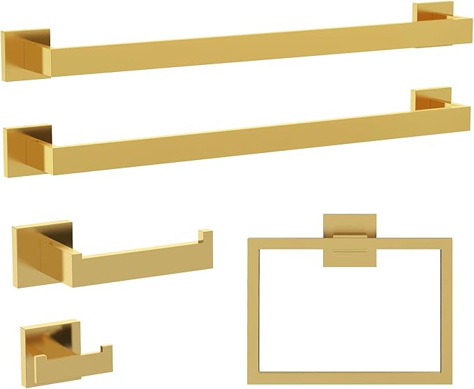 5-Piece Bathroom Hardware Set， Brushed Gold Bathroom Accessories 304 Stainless Steel， Including 23.8 inch Bath Towel Bar*2, Double Towel Hook, Toilet Paper Holder, and Towel Ring