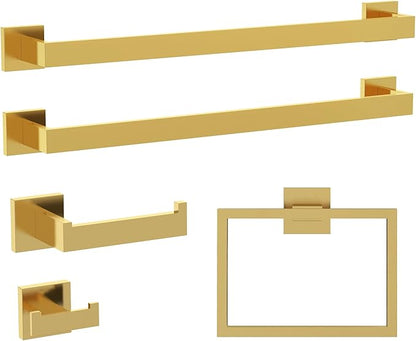 5-Piece Bathroom Hardware Set， Brushed Gold Bathroom Accessories 304 Stainless Steel， Including 23.8 inch Bath Towel Bar*2, Double Towel Hook, Toilet Paper Holder, and Towel Ring