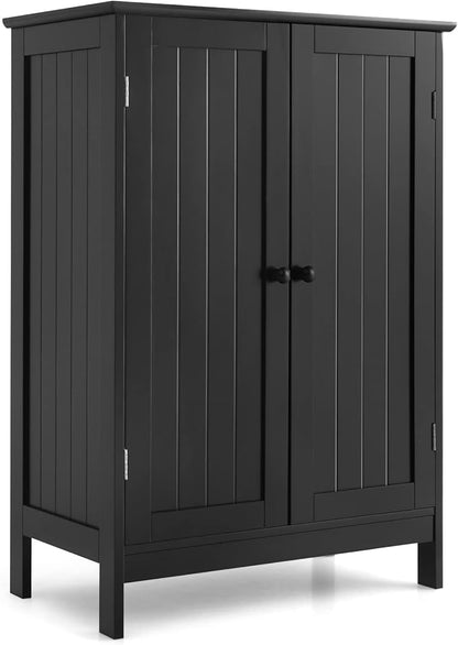 Tangkula Freestanding Storage Cabinet with Double Doors and Shelf, Modern Home Furniture, Wooden Home Organizer for Living Room, Bathroom Storage Cabinet (Black)