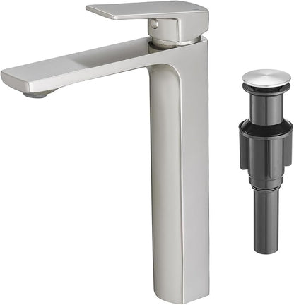VOTON Brushed Nickel Vessel Sink Faucet Single Handle Tall Bathroom Sink Faucet Vanity Bathroom Faucet Basin Mixer Tap with Water Supply Hose and Pop Up Sink Drain
