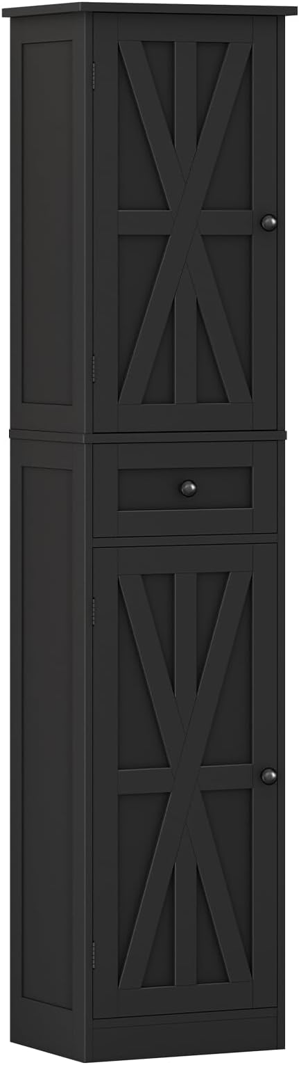 67" H Tall Bathroom Cabinet, Narrow Storage Cabinet with 2 Barn Doors and 1 Drawer, Freestanding Floor Cabinets with 6 Shelves for Bathroom, Living Room, Kitchen, Black
